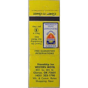 Vtg Matchbook Cover Friendship Inn Western Motel Clinton OK Oklahoma